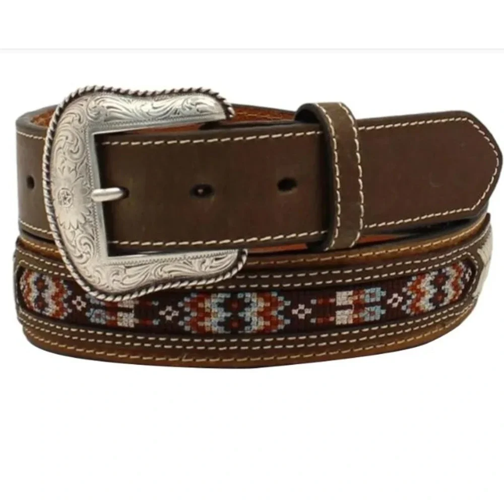 Nocona Aztec Southwestern Leather Belt Men 44 Brown Floral Concho Western NWT